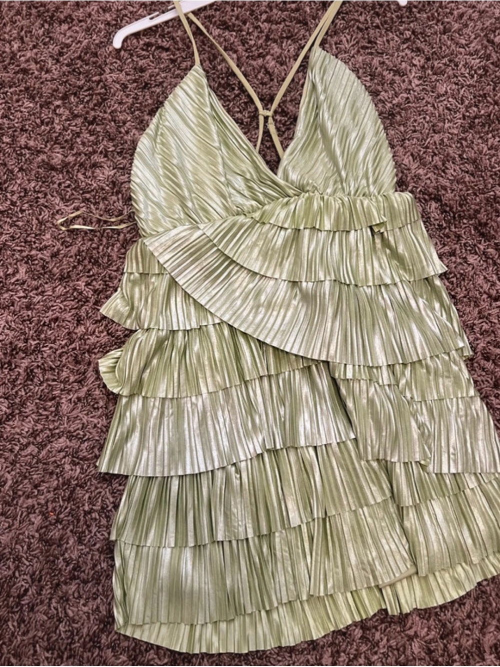 Luxxel Metallic Sage Green Tiered Ruffle Spaghetti Strap Dress